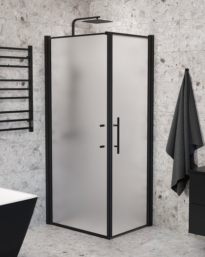 Duschhörna med fast vägg och dörr - 90x90x198 cm - 6 mm frostat nanoglas - svart profil - Vänern