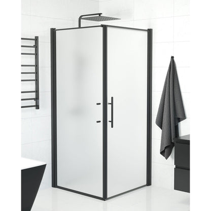 Duschhörna med fast vägg och dörr - 90x90x198 cm - 6 mm frostat nanoglas - svart profil - Vänern