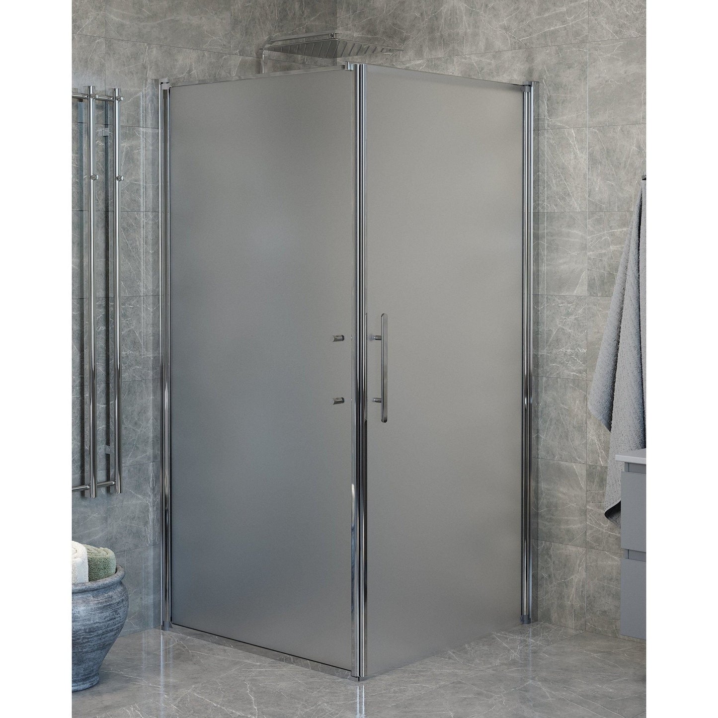 Duschhörna med fast vägg och dörr - 90x90x198 cm - 6 mm frostat nanoglas - kromprofil - Vänern