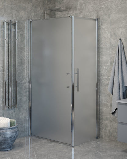 Duschhörna med fast vägg och dörr - 90x90x198 cm - 6 mm frostat nanoglas - kromprofil - Vänern