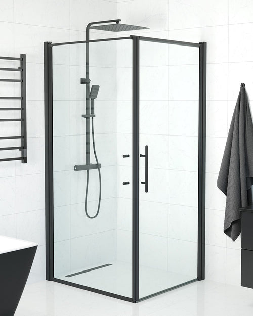 Duschhörna med fast vägg och dörr - 100x90x198 cm - 6 mm klart nanoglas - svart profil - Vänern