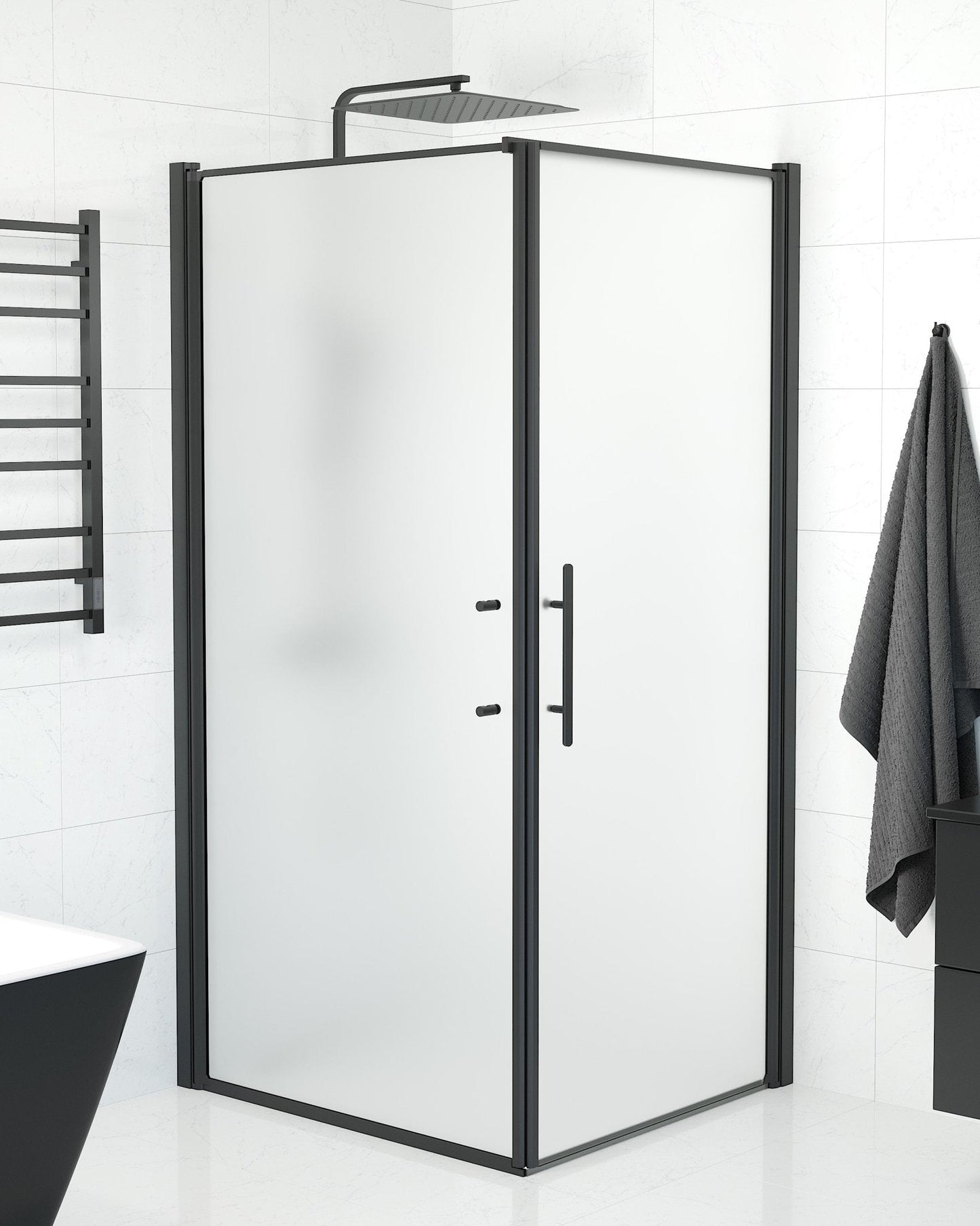 Duschhörna med fast vägg och dörr - 100x90x198 cm - 6 mm frostat nanoglas - svart profil - Vänern