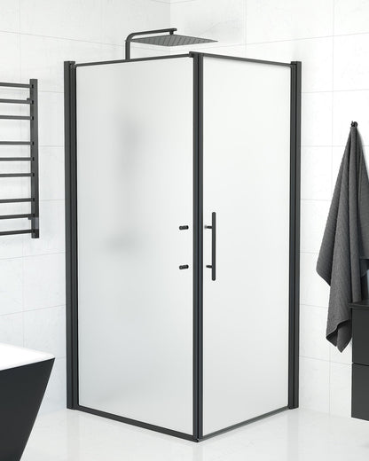 Duschhörna med fast vägg och dörr - 100x90x198 cm - 6 mm frostat nanoglas - svart profil - Vänern