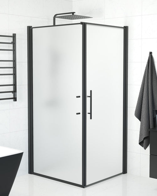 Duschhörna med fast vägg och dörr - 100x90x198 cm - 6 mm frostat nanoglas - svart profil - Vänern
