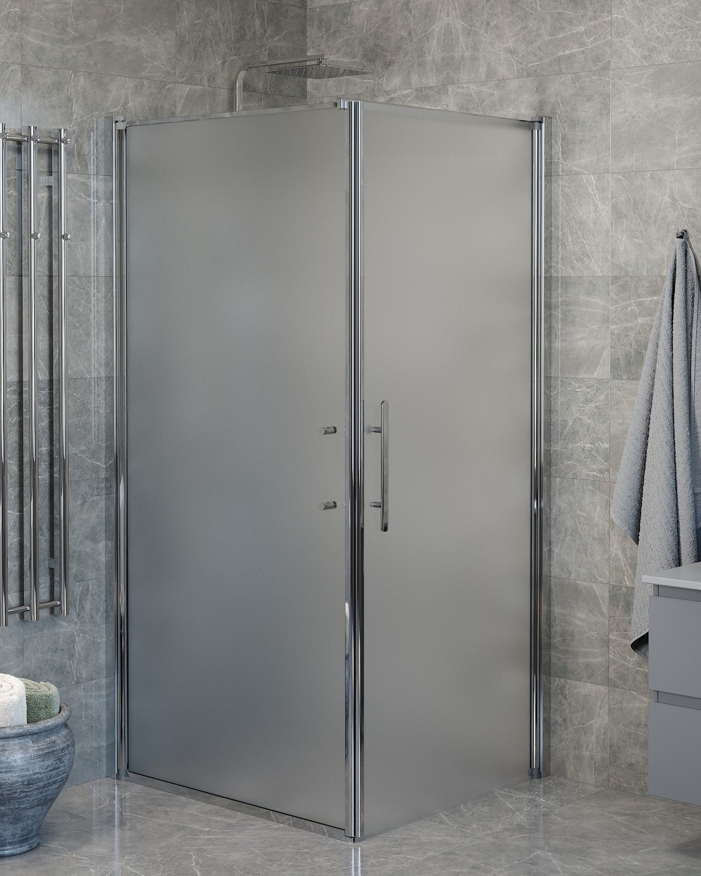 Duschhörna med fast vägg och dörr - 100x90x198 cm - 6 mm frostat nanoglas - kromprofil - Vänern