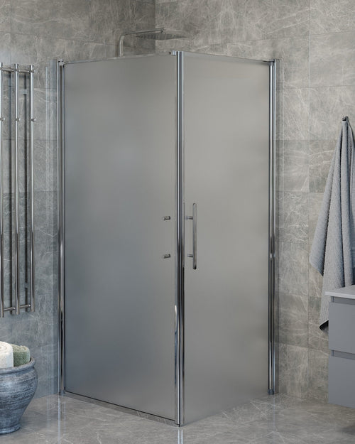 Duschhörna med fast vägg och dörr - 100x90x198 cm - 6 mm frostat nanoglas - kromprofil - Vänern