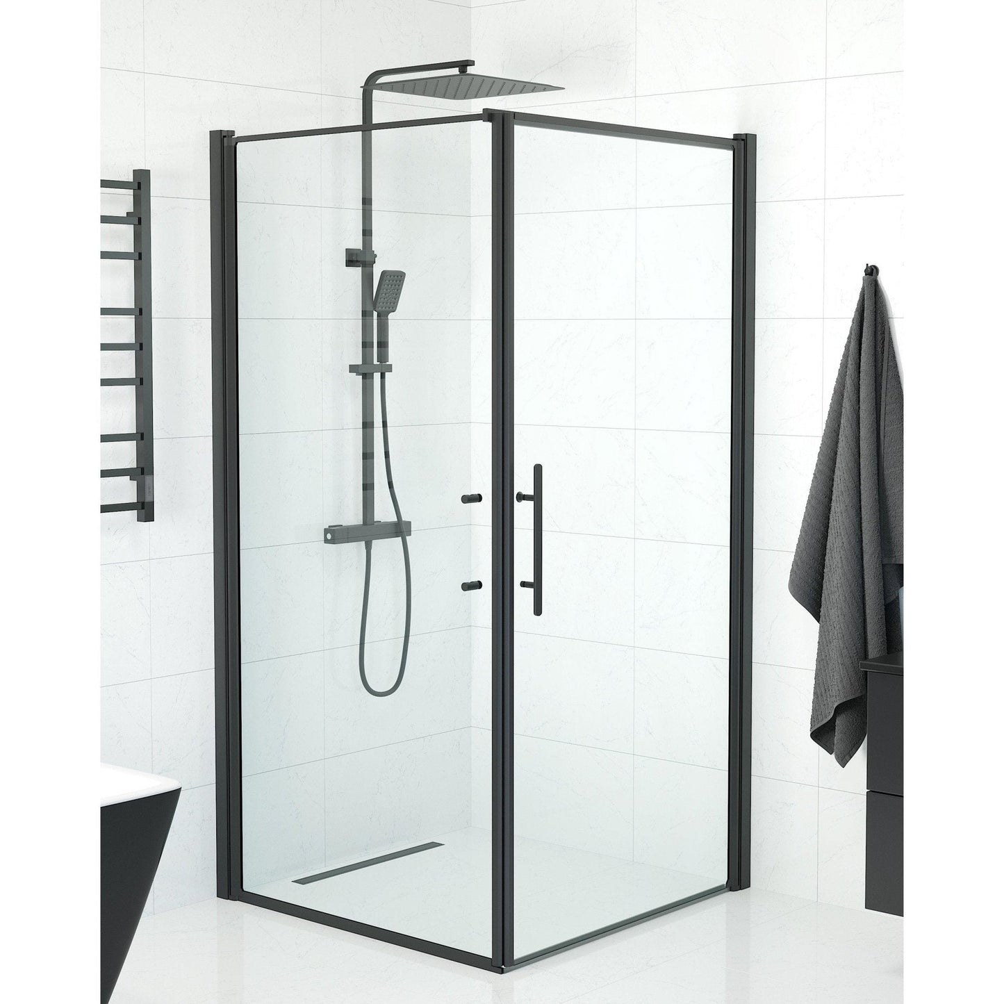 Duschhörna med fast vägg och dörr - 100x100x198 cm - 6 mm klart nanoglas - svart profil - Vänern