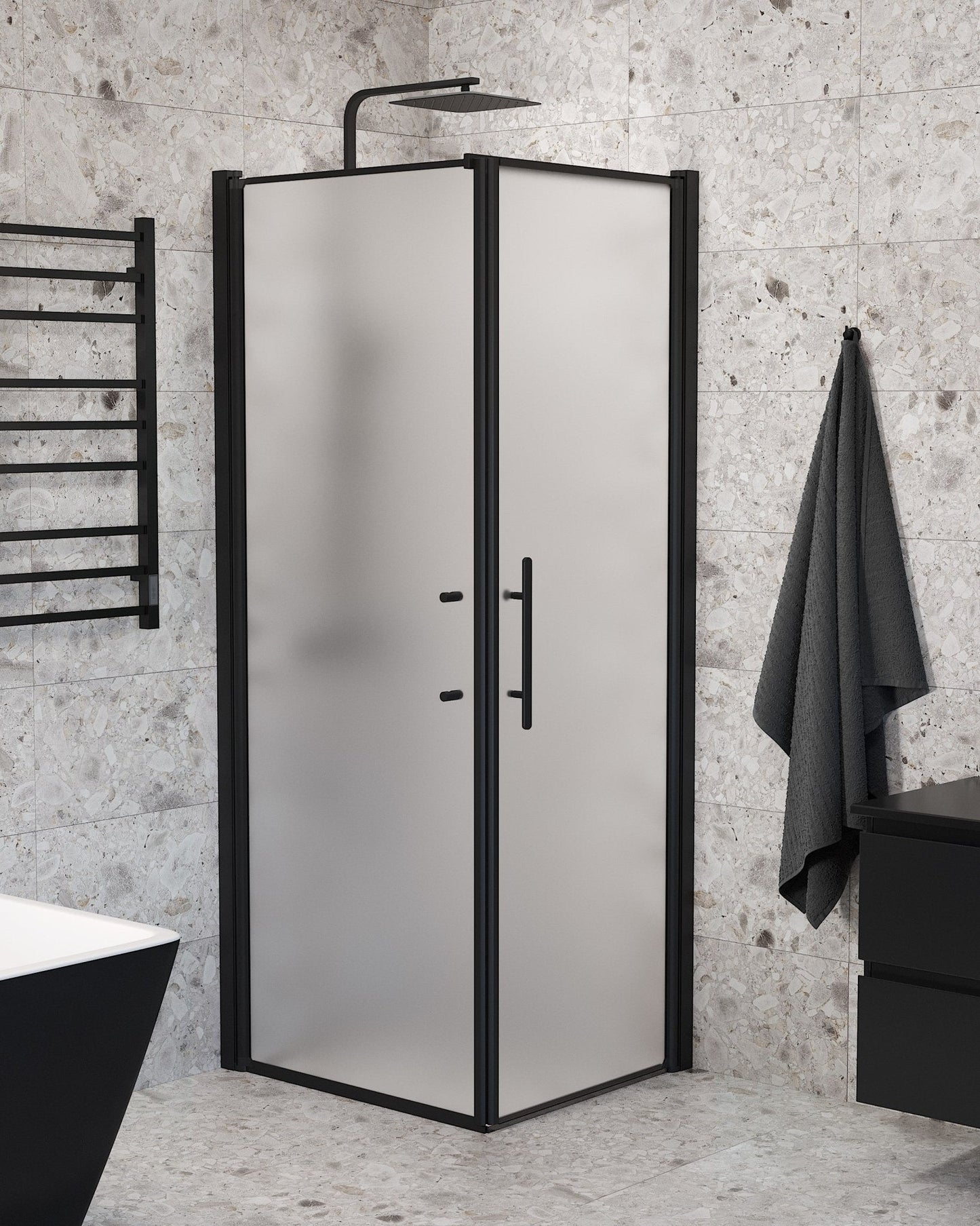 Duschhörna med fast vägg och dörr - 100x100x198 cm - 6 mm frostat nanoglas - svart profil - Vänern