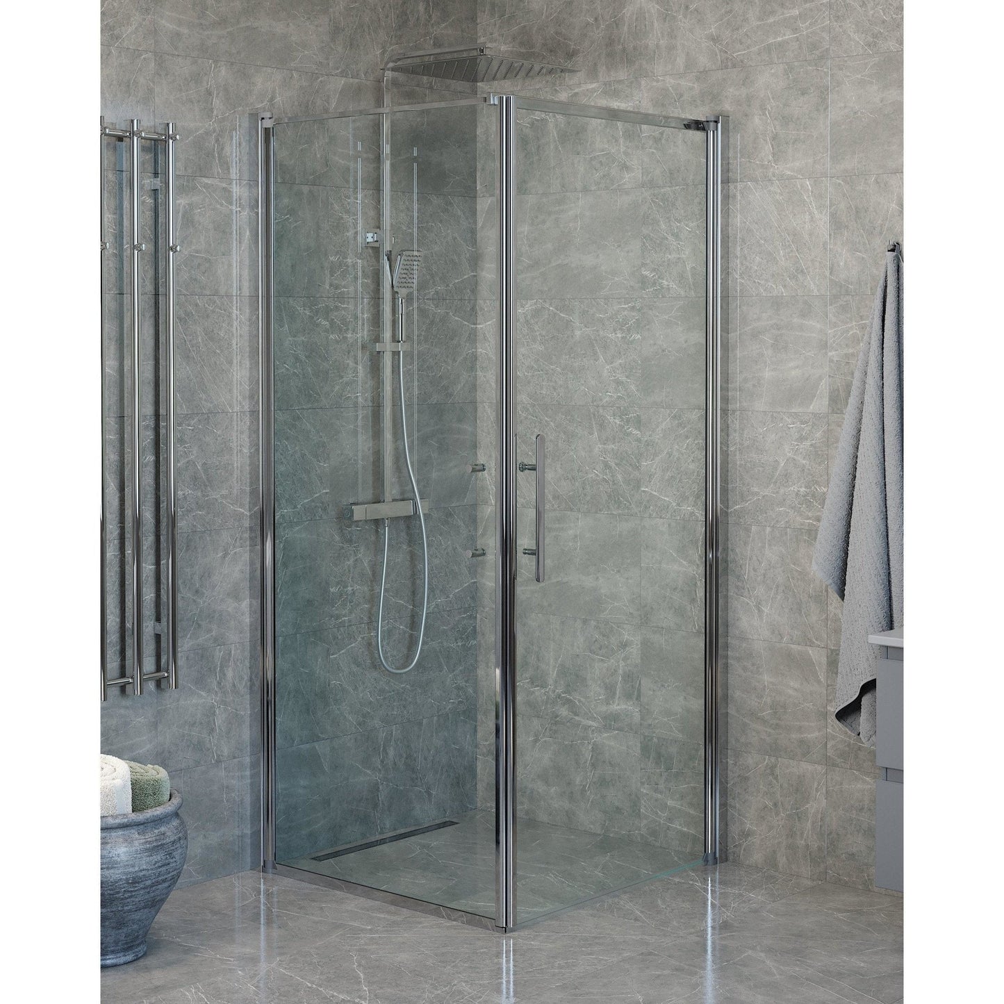 Duschhörna med fast vägg och dörr - 100x100x198 cm - 6 mm klart nanoglas - kromprofil - Vänern