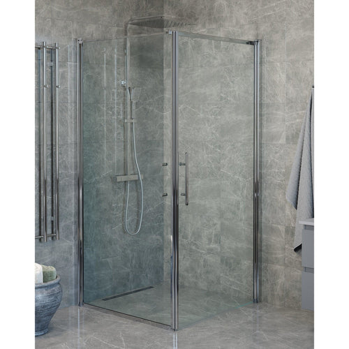 Duschhörna med fast vägg och dörr - 100x100x198 cm - 6 mm klart nanoglas - kromprofil - Vänern