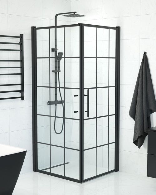 Duschhörna med fast vägg och dörr - 90x80x198 cm - 6 mm klart nanoglas med svarta spröjs - svart profil - Vänern
