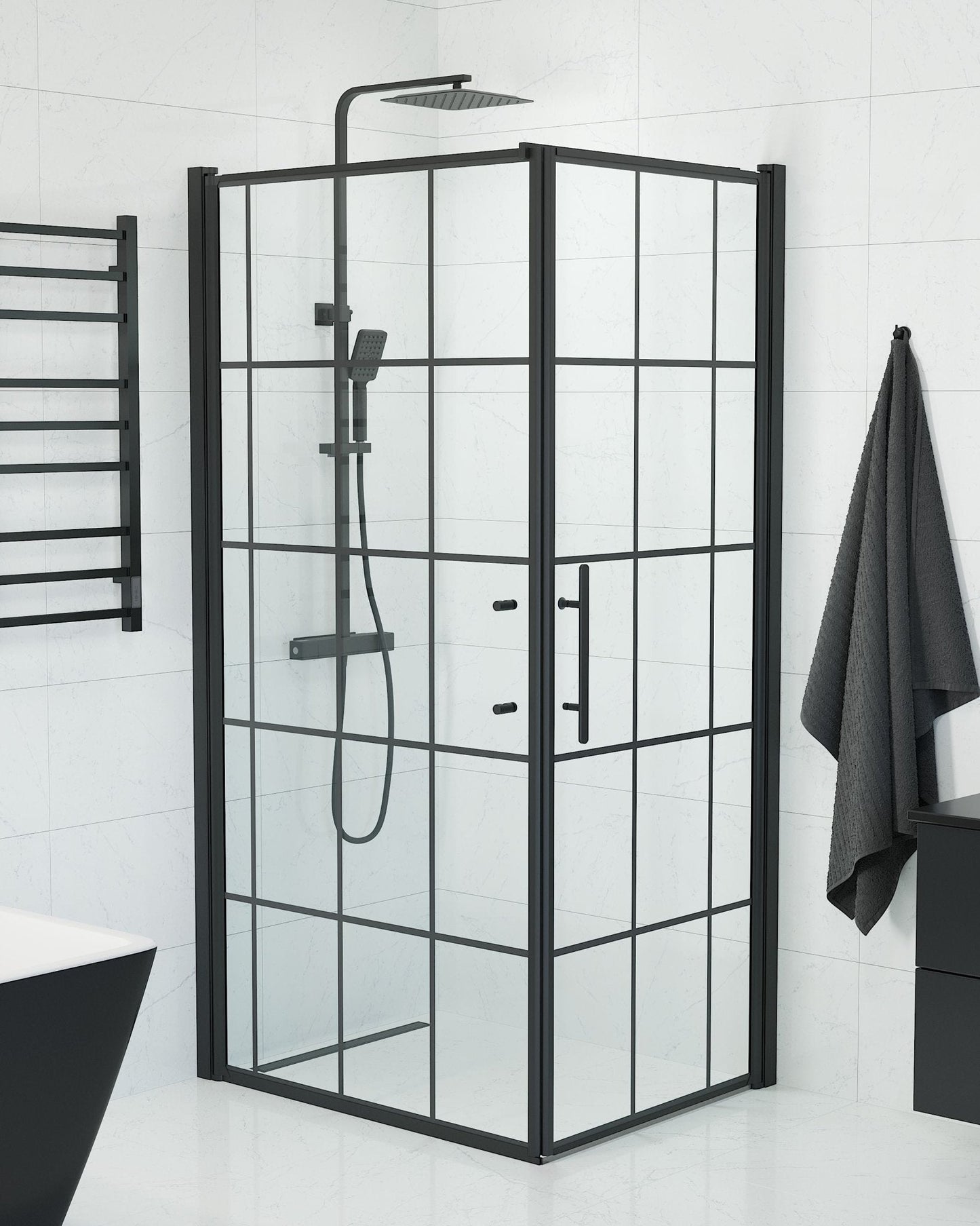 Duschhörna med fast vägg och dörr - 90x80x198 cm - 6 mm klart nanoglas med svarta spröjs - svart profil - Vänern