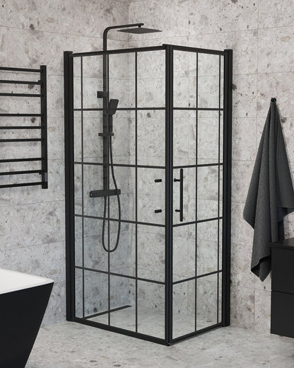 Duschhörna med fast vägg och dörr - 90x80x198 cm - 6 mm klart nanoglas med svarta spröjs - svart profil - Vänern
