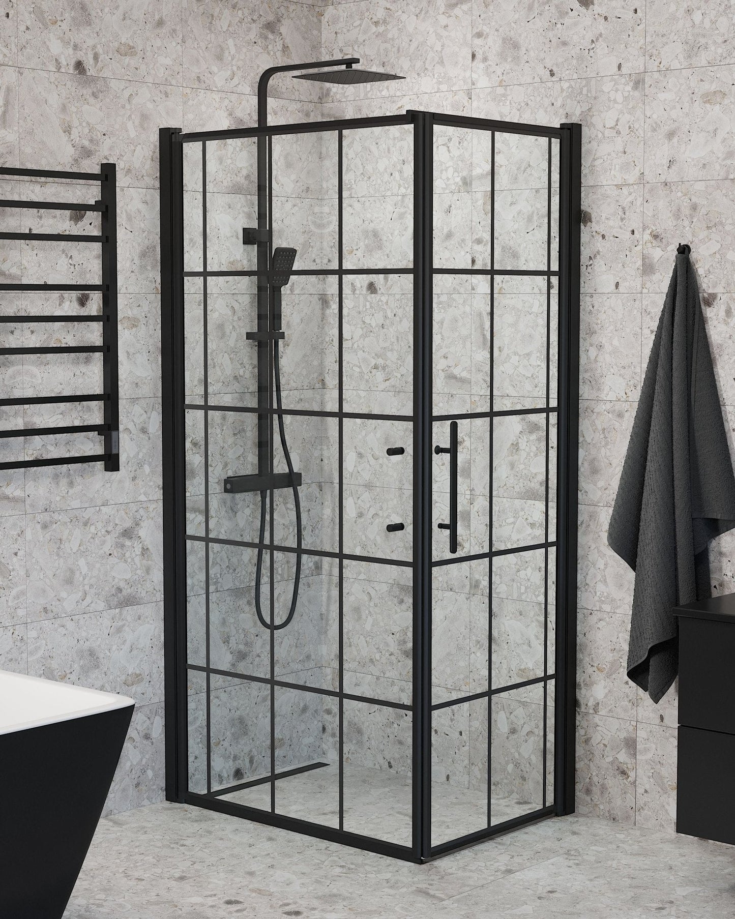 Duschhörna med fast vägg och dörr - 90x90x198 cm - 6 mm klart nanoglas med svarta spröjs - svart profil - Vänern