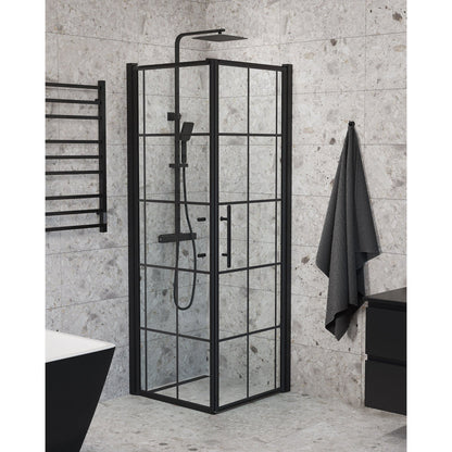 Duschhörna med fast vägg och dörr - 100x80x198 cm - 6 mm klart nanoglas med svarta spröjs - svart profil - Vänern