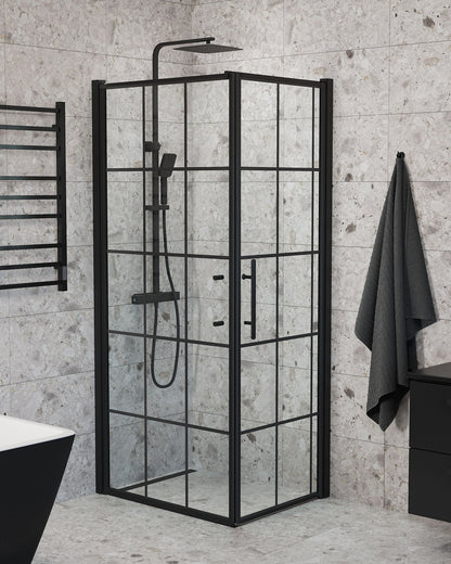 Duschhörna med fast vägg och dörr - 100x90x198 cm - 6 mm klart nanoglas med svarta spröjs - svart profil - Vänern