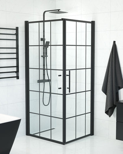 Duschhörna med fast vägg och dörr - 100x100x198 cm - 6 mm klart nanoglas med svarta spröjs - svart profil - Vänern