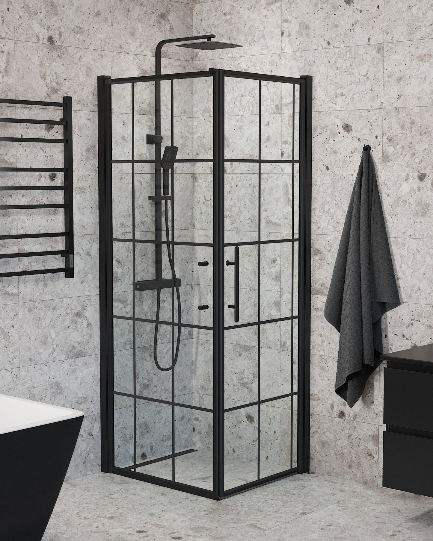 Duschhörna med fast vägg och dörr - 100x100x198 cm - 6 mm klart nanoglas med svarta spröjs - svart profil - Vänern