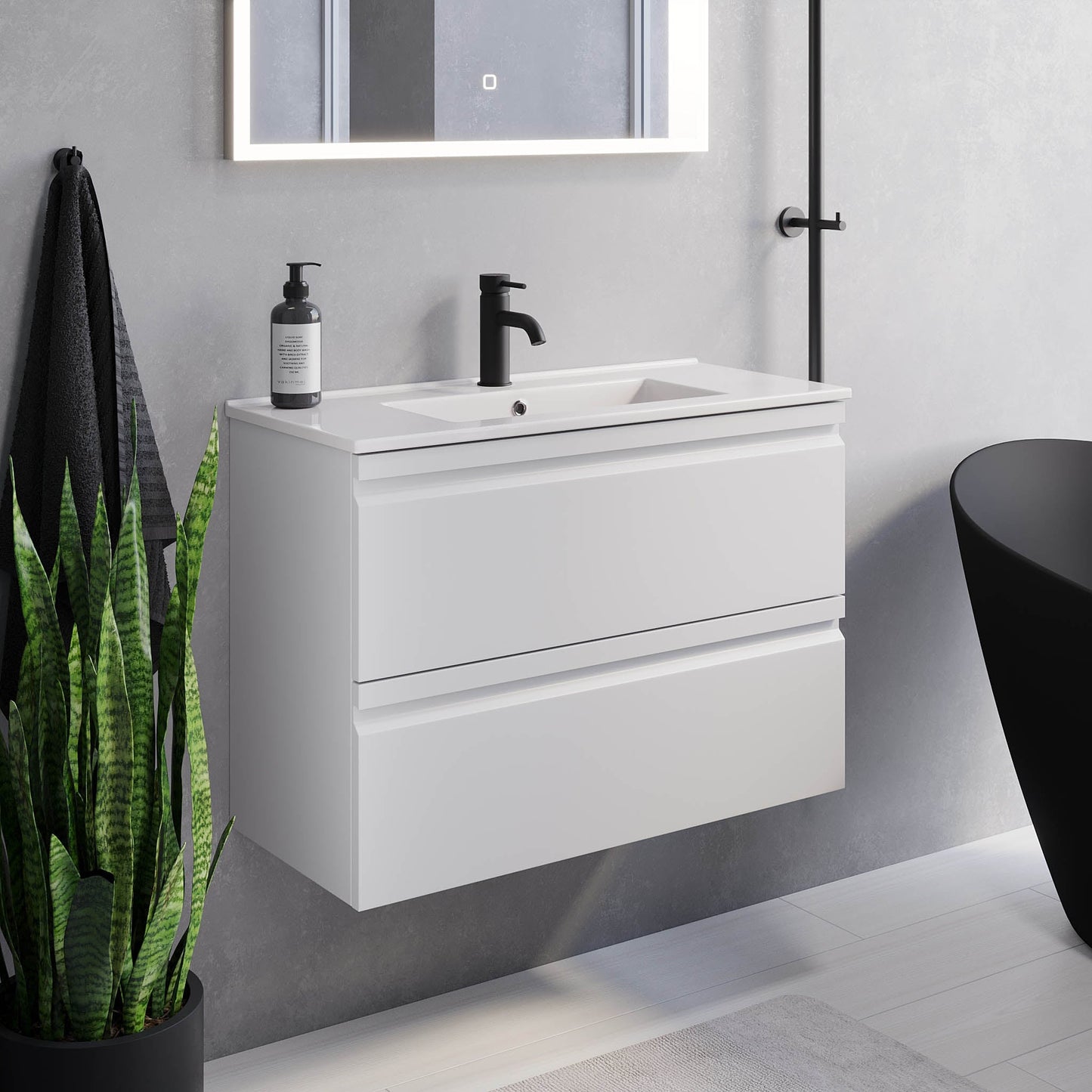 Badrumsmöbel med integrerade fronter - SLIM - 60x36x57 cm - mattvit - vitt porslinstvättställ - Knarrlagsund