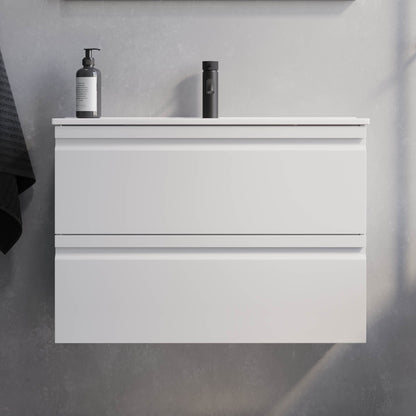 Badrumsmöbel med integrerade fronter - SLIM - 60x36x57 cm - mattvit - vitt porslinstvättställ - Knarrlagsund