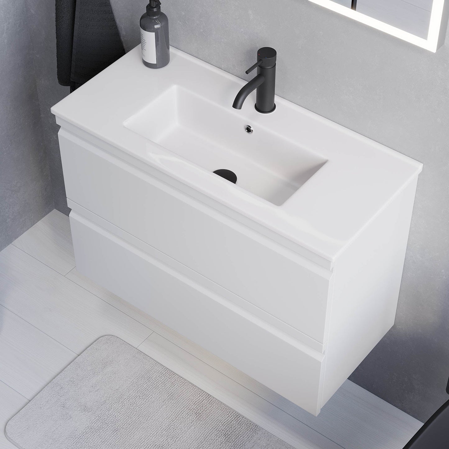 Badrumsmöbel med integrerade fronter - SLIM - 60x36x57 cm - mattvit - vitt porslinstvättställ - Knarrlagsund