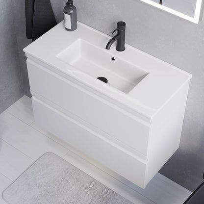 Badrumsmöbel med integrerade fronter - SLIM - 60x36x57 cm - mattvit - vitt porslinstvättställ - Knarrlagsund