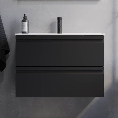Badrumsmöbel med integrerade fronter - SLIM - 60x36x57 cm - matt svart - vitt porslinstvättställ - Knarrlagsund