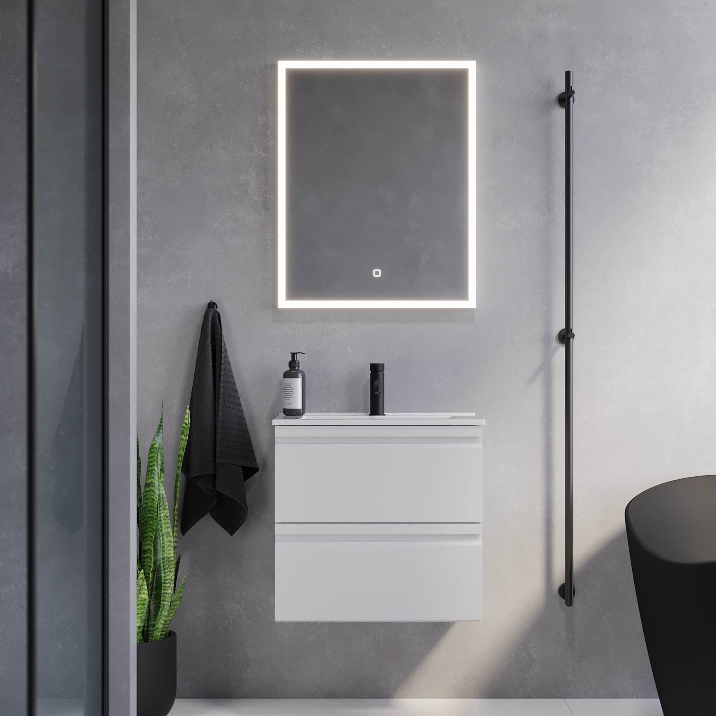 Badrumsmöbel med integrerade fronter - SLIM - 80x36x57 cm - mattvit - vitt porslinstvättställ - Knarrlagsund