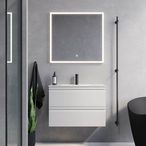 Badrumsmöbel med integrerade fronter - SLIM - 80x36x57 cm - mattvit - vitt porslinstvättställ - Knarrlagsund