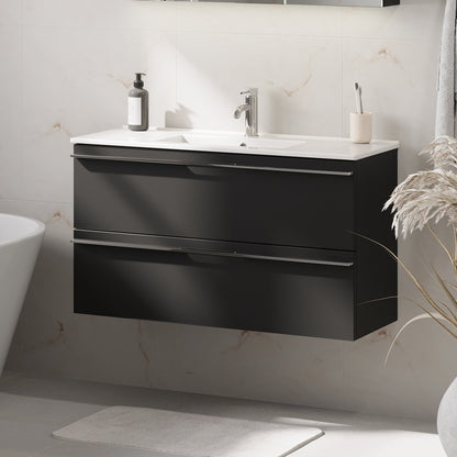 Badrumsmöbel med klassiska fronter - SLIM - 80x36x57 cm - mattsvart - vitt porslinstvättställ - kromade handtag - Verdal