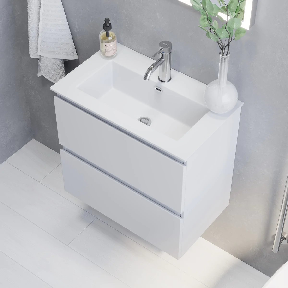 Badrumsmöbel med klassiska integrerade fronter - SLIM - 60x36x57 cm - mattvit - vitt porslinstvättställ - Sandshamn