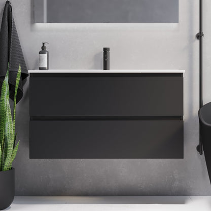 Badrumsmöbel med klassiska integrerade fronter - SLIM - 60x36x57 cm - mattsvart - vitt porslinstvättställ - Sandshamn