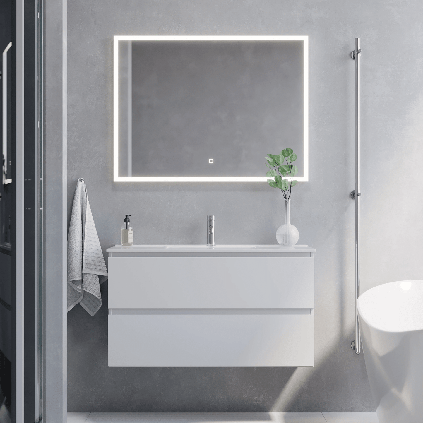 Badrumsmöbel med klassiska integrerade fronter - SLIM - 80x36x57 cm - mattvit - vitt porslinstvättställ - Sandshamn