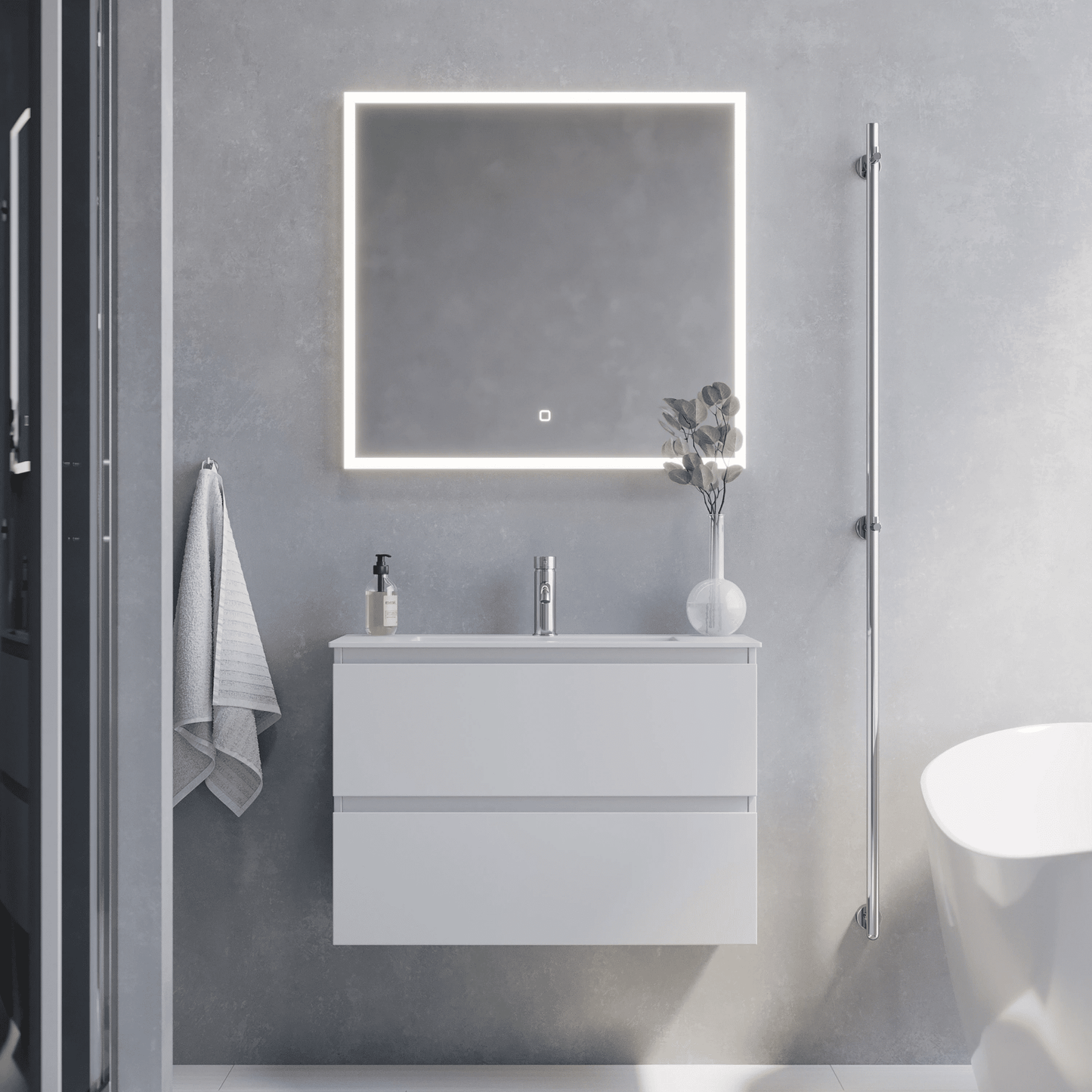 Badrumsmöbel med klassiska integrerade fronter - SLIM - 80x36x57 cm - mattvit - vitt porslinstvättställ - Sandshamn