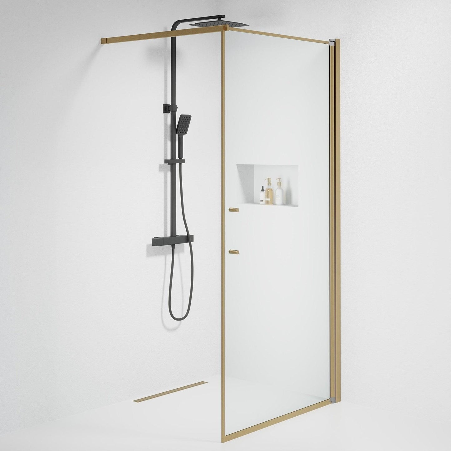 Fast duschvägg med stabiliseringsstag 80x198 cm - 6 mm klart nanoglas - bronsprofil - Vänern