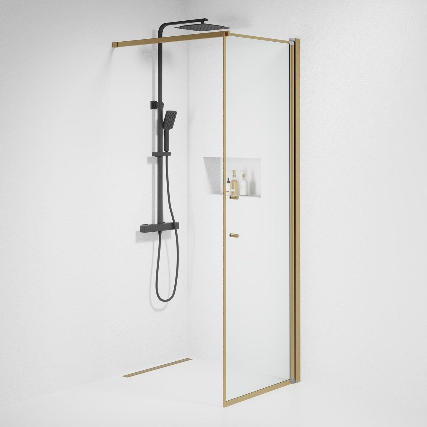 Fast duschvägg med stabiliseringsstag 90x198 cm - 6 mm klart nanoglas - bronsprofil - Vänern