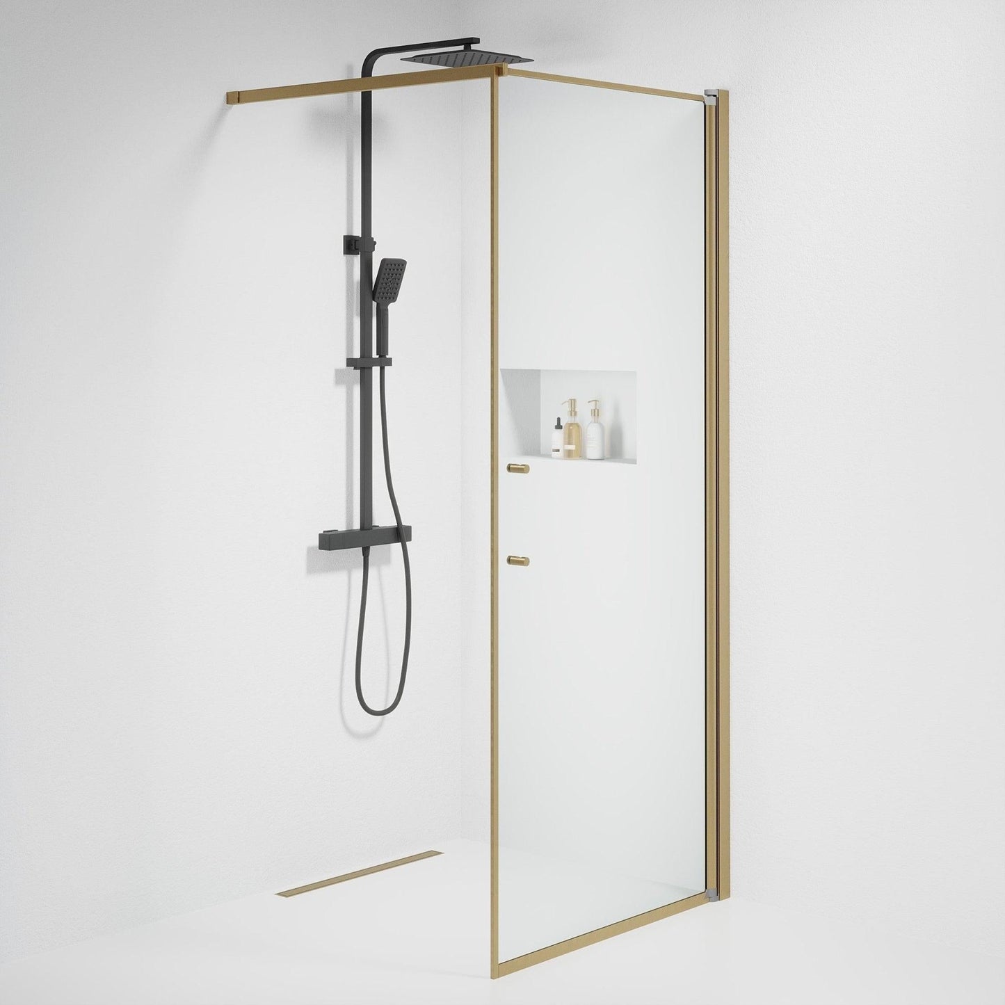 Fast duschvägg med stabiliseringsstag 90x198 cm - 6 mm klart nanoglas - bronsprofil - Vänern