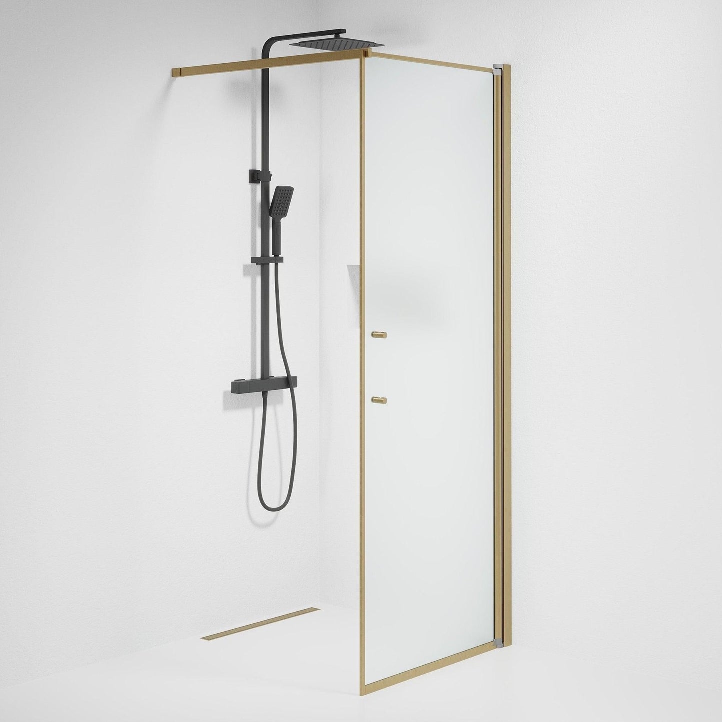 Fast duschvägg med stabiliseringsstag 100x198 cm - 6 mm frostat nanoglas - bronsprofil - Vänern
