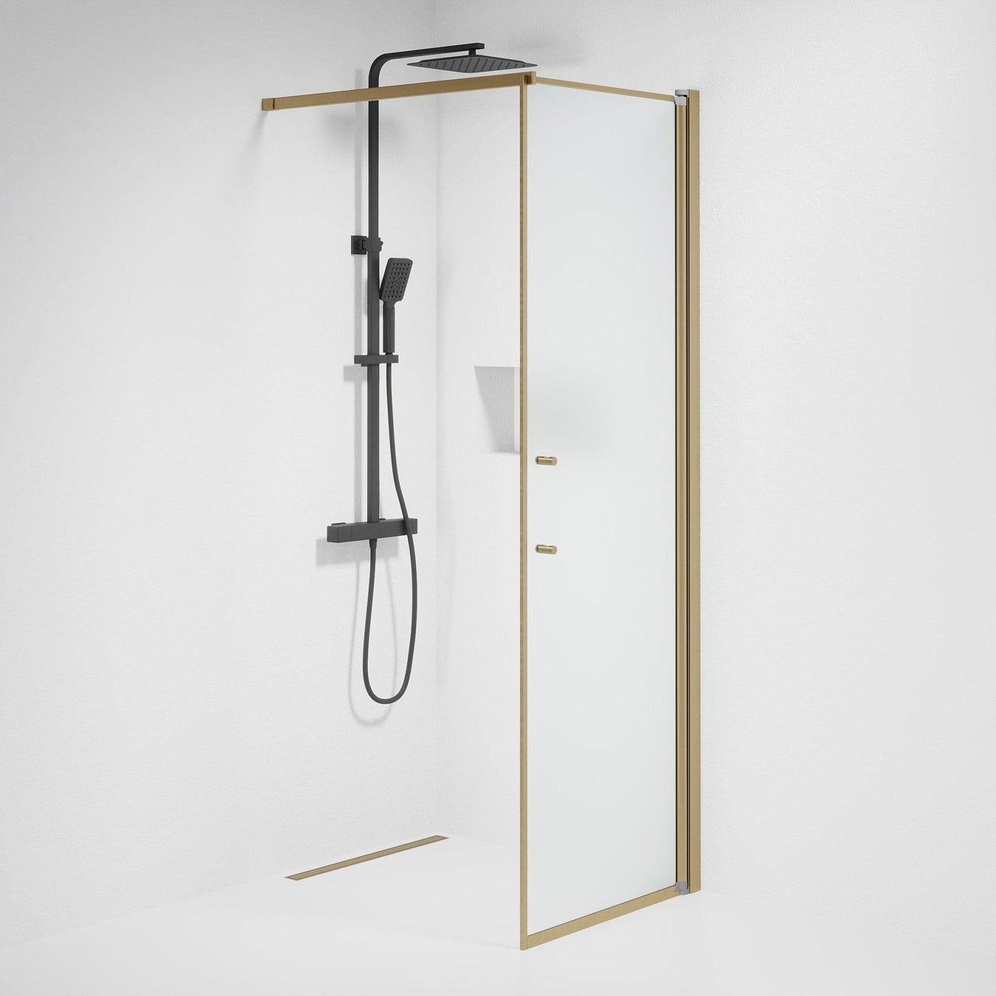 Fast duschvägg med stabiliseringsstag 100x198 cm - 6 mm frostat nanoglas - bronsprofil - Vänern