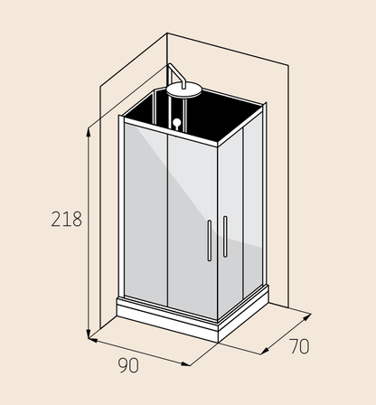 Duschkabin fyrkantig 70x90x215 cm - satinprofiler - klart/svart glas - inkl. blandare och dusch - Gilleleje