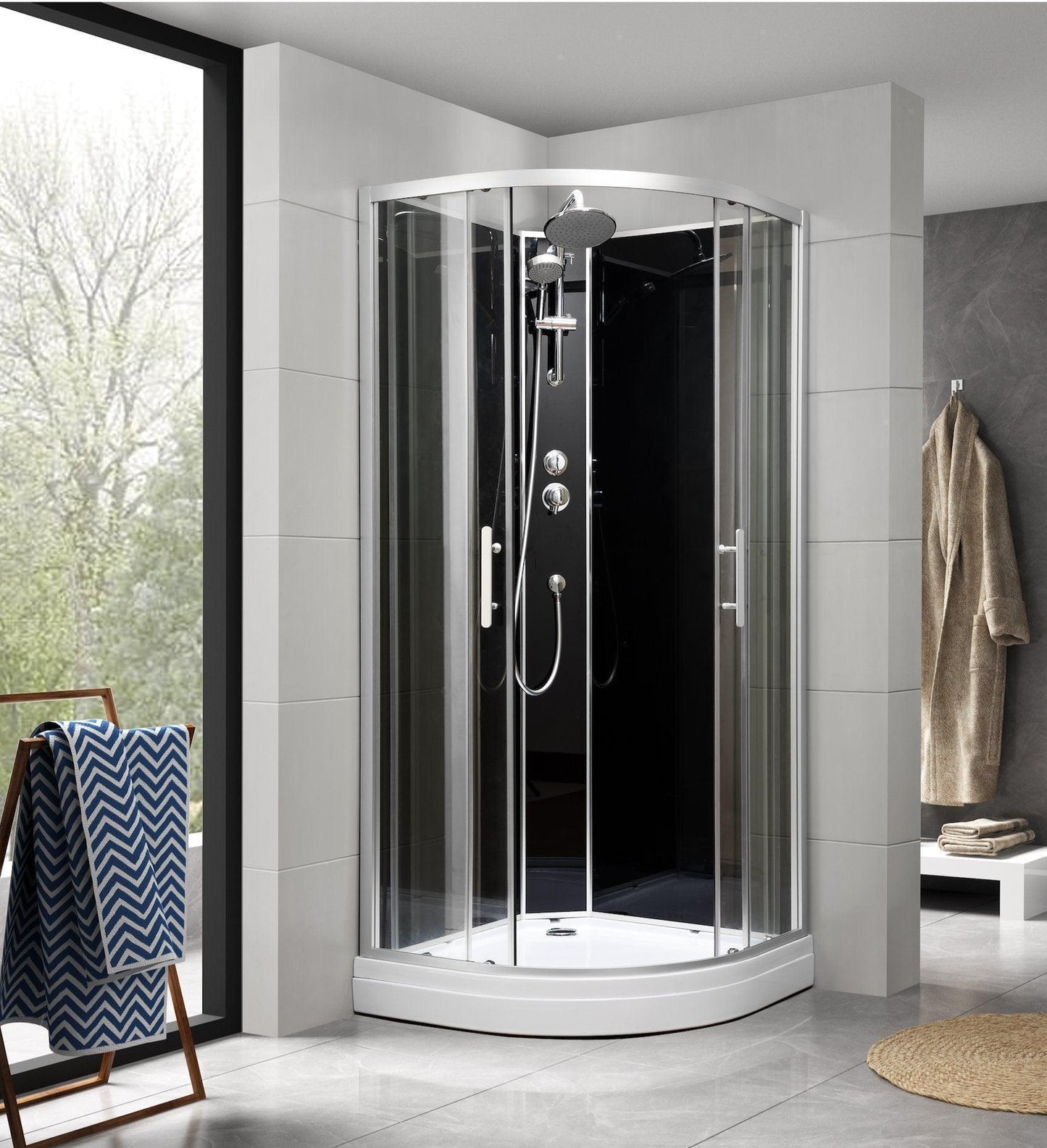 Duschkabin fyrkantig 70x90x215 cm - satinprofiler - klart/svart glas - inkl. blandare och dusch - Gilleleje