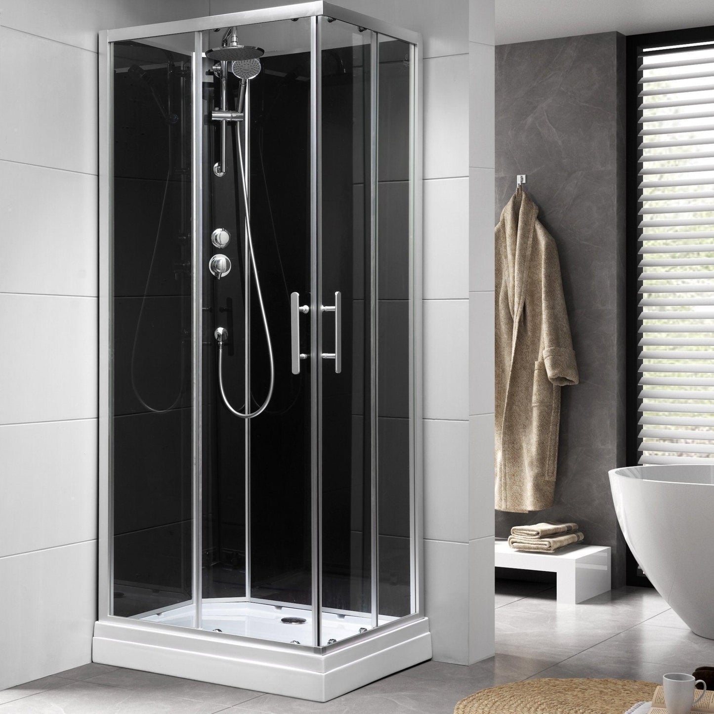 Duschkabin halvrund 90x90x215 cm - satinprofiler - klart/svart glas - inkl. blandare och dusch - Gilleleje