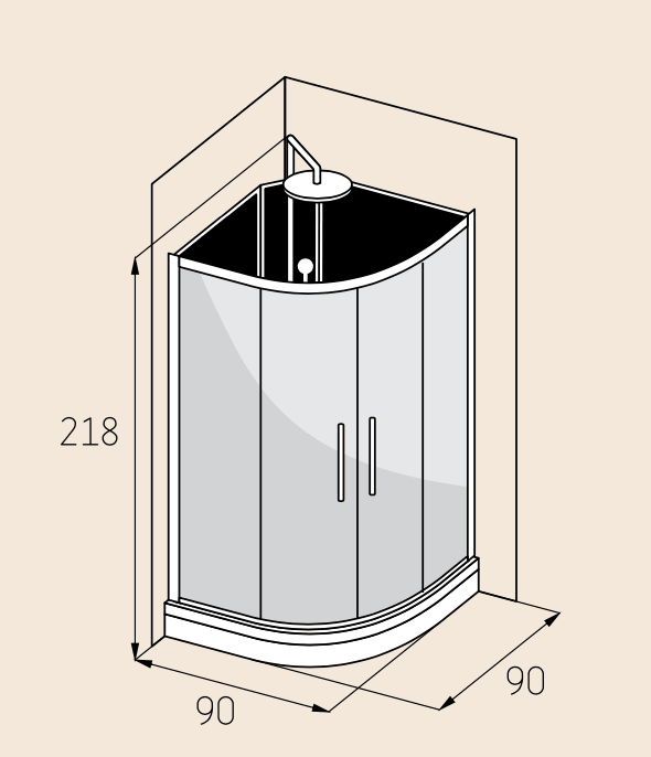 Duschkabin halvrund 90x90x215 cm - satinprofiler - klart/svart glas - inkl. blandare och dusch - Gilleleje