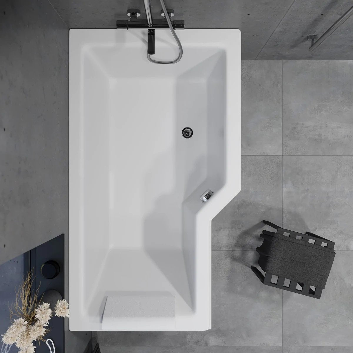 Asymmetriskt badkar högervänt 150x85 cm i vit akryl med frontpanel, benstativ, avloppssats och bräddavloppssats - Svensmarke