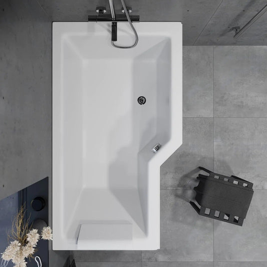 Asymmetriskt badkar högervänt 150x85 cm i vit akryl med frontpanel, benstativ, avloppssats och bräddavloppssats - Svensmarke