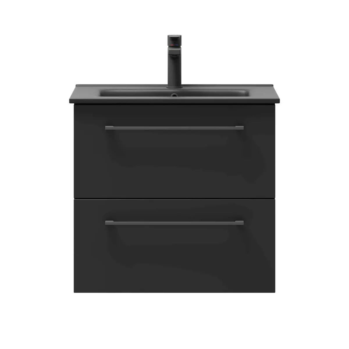 Badrumsmöbel med klassiska fronter - 60x46x57 cm - mattsvart - svart porslinstvättställ - svart handtag - Vollen