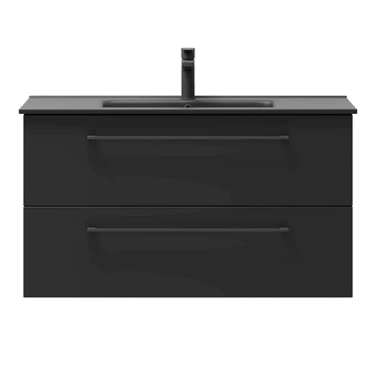 Badrumsmöbel med klassiska fronter - 60x46x57 cm - mattsvart - svart porslinstvättställ - svart handtag - Vollen