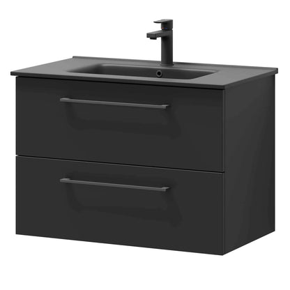 Badrumsmöbel med klassiska fronter - 80x46x57 cm - mattsvart - svart porslinstvättställ - svart handtag - Vollen