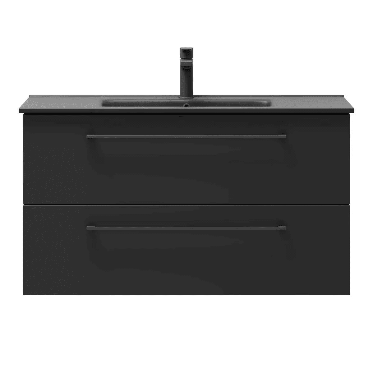 Badrumsmöbel med klassiska fronter - 80x46x57 cm - mattsvart - svart porslinstvättställ - svart handtag - Vollen