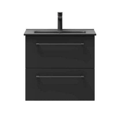 Badrumsmöbel med klassiska fronter - 100x46x57 cm - mattsvart - svart porslinstvättställ - svart handtag - Vollen